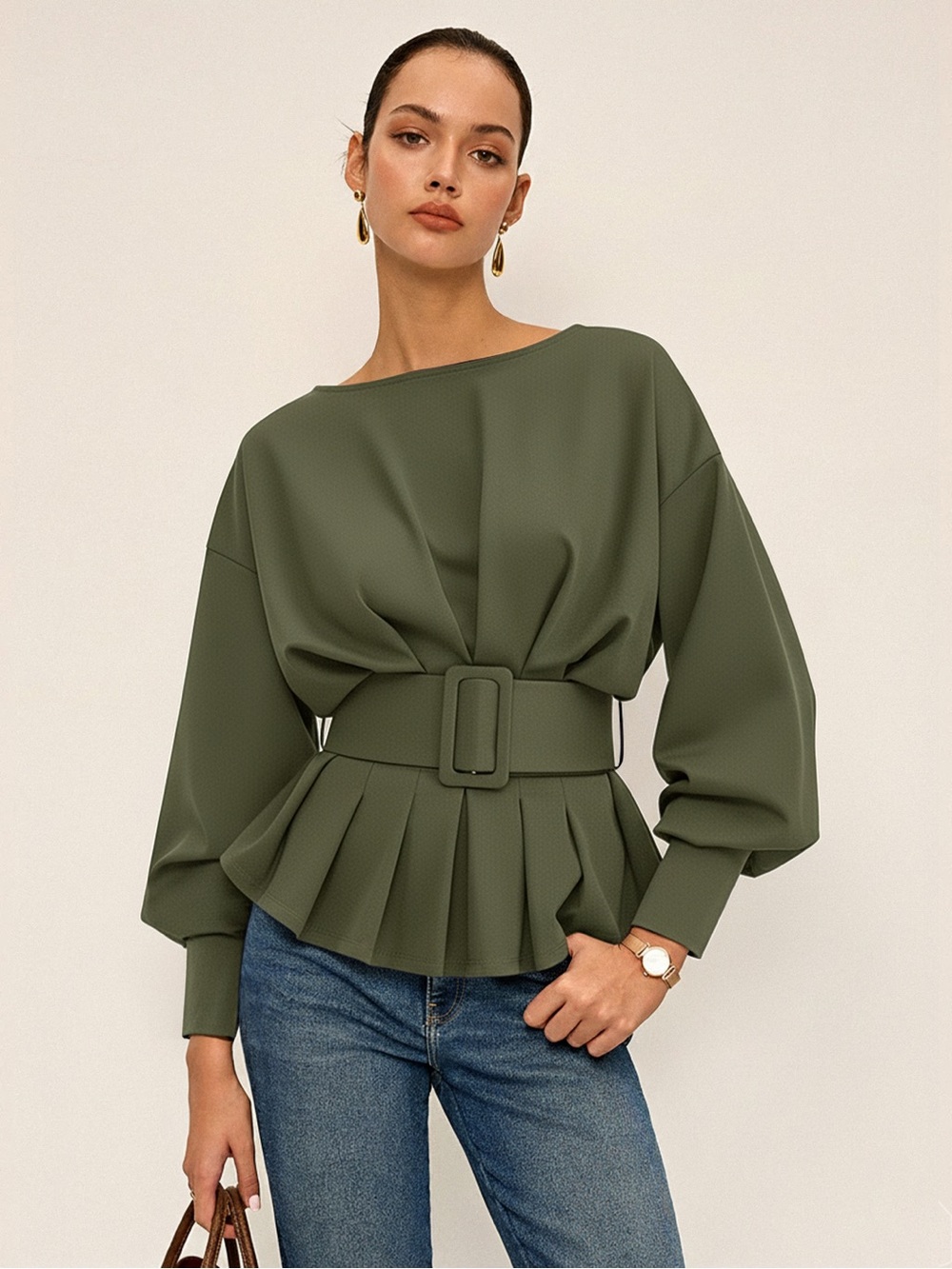 Commense Olive Boat Neck Peplum Sweatshirt with Wide Belt